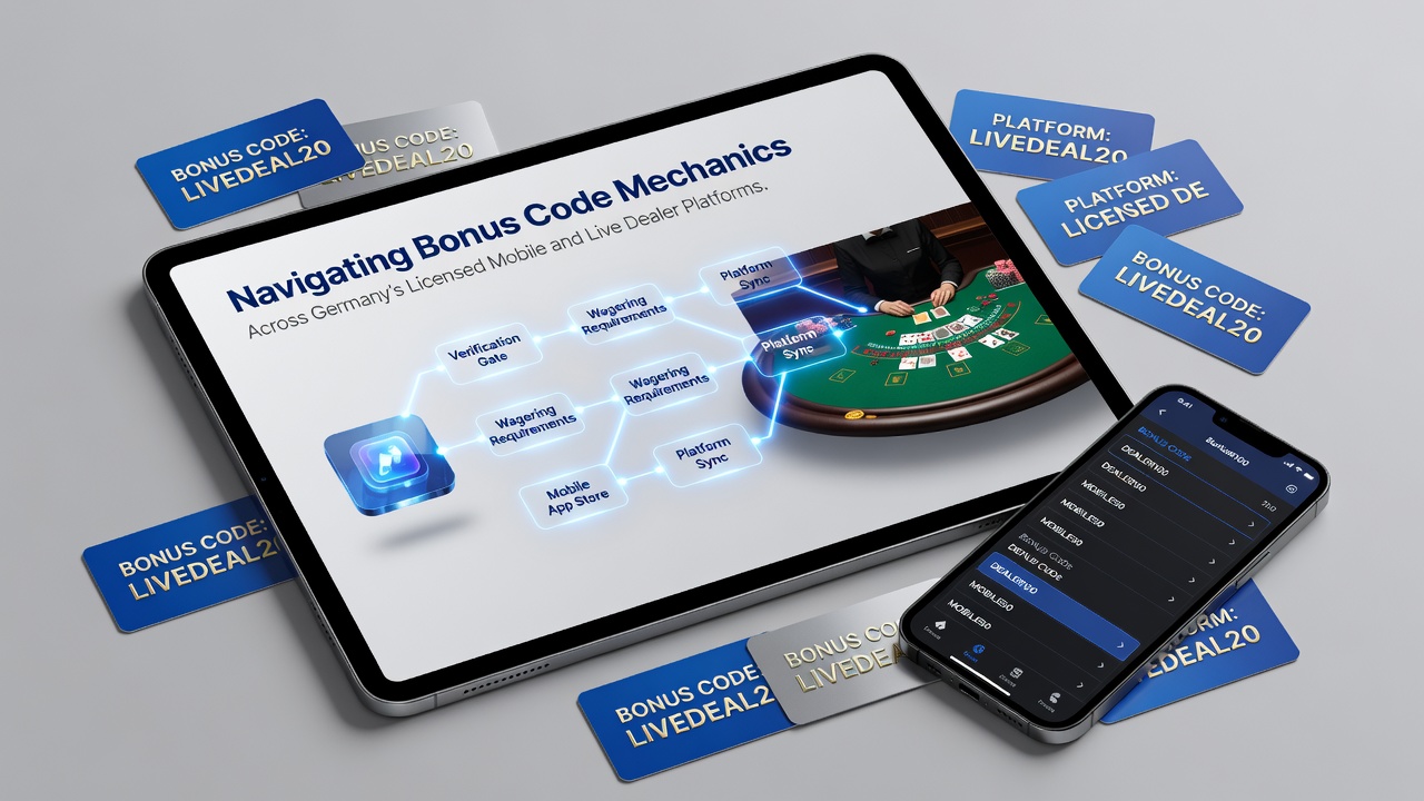 Illustration der Bonuscode-Eingabe in einer mobilen Casino-App mit Live-Dealer-Tisch im Hintergrund