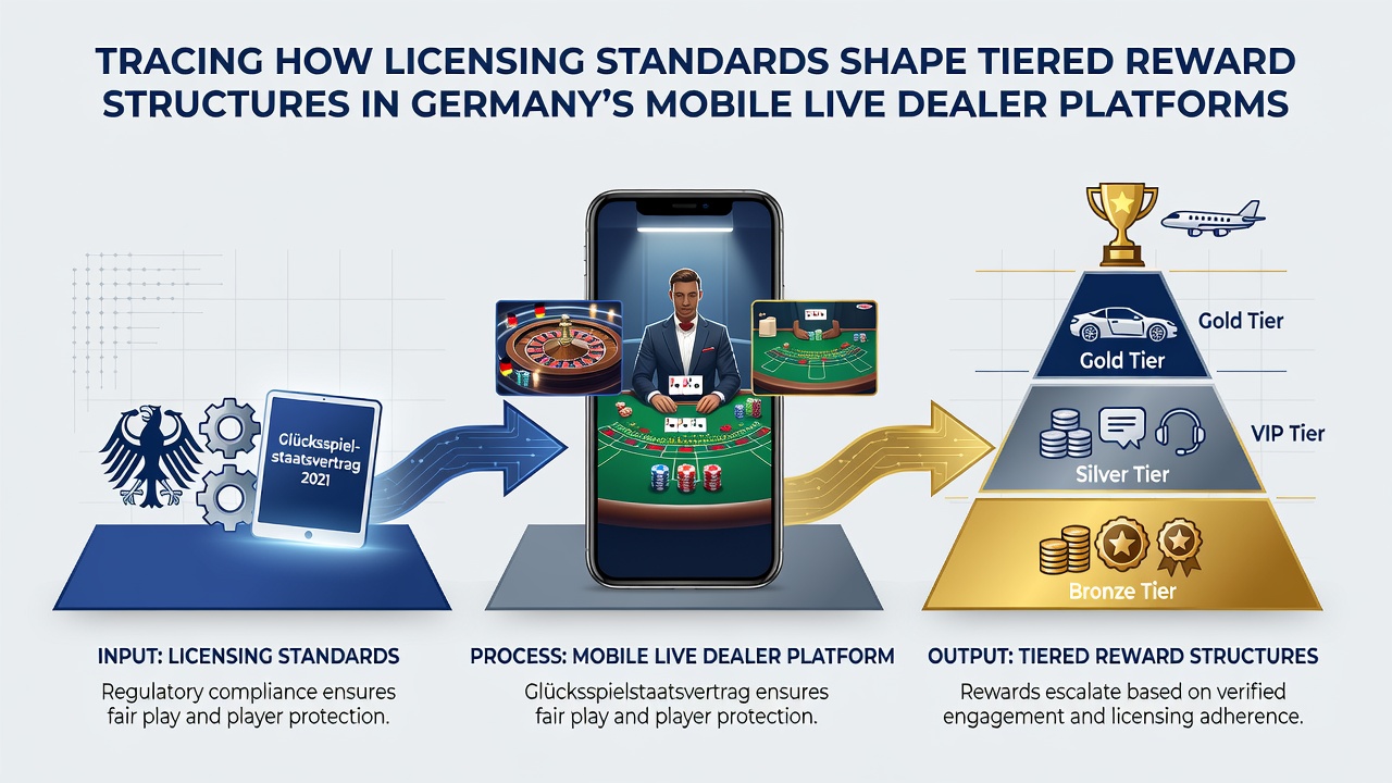 Illustration gestaffelter Belohnungen und Lizenzprüfungen in mobilen Casinos